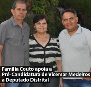 Na tarde desta sexta-feira (08), em Visita ao Espaço Catetinho, no Caub I, região do Riacho Fundo II, recebe o apoio da Família Couto. Os empresários, Vicente e Ana Maria Couto, do ramo de eventos, vê em Vicemar Medeiros o perfil adequado, para representar o povo do Distrito Federal e lutar pela cidade do Riacho Fundo II.